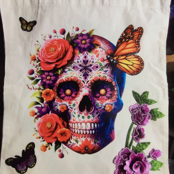 Colorful Skull and Floral Tote Bag - Picture 10 of 15